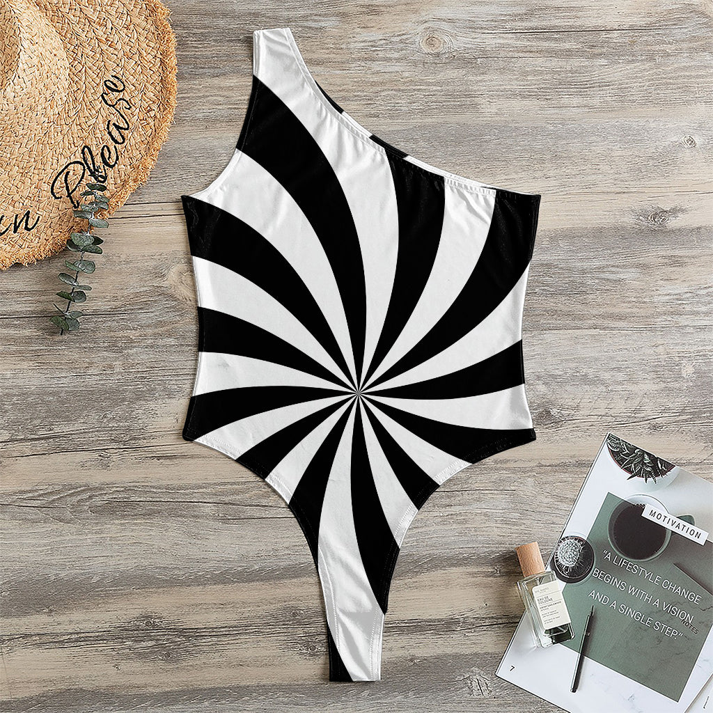Black And White Swirl Print One Shoulder Bodysuit