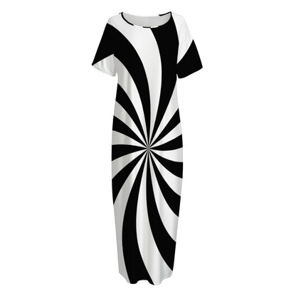 Black And White Swirl Print Short Sleeve Long Nightdress