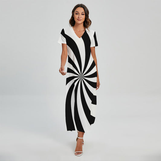 Black And White Swirl Print Short Sleeve Maxi Dress