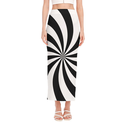 Black And White Swirl Print Side Slit Maxi Skirt