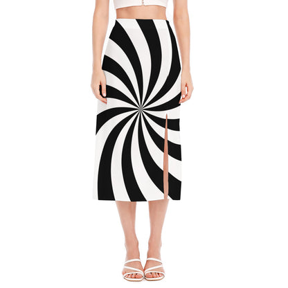 Black And White Swirl Print Side Slit Midi Skirt
