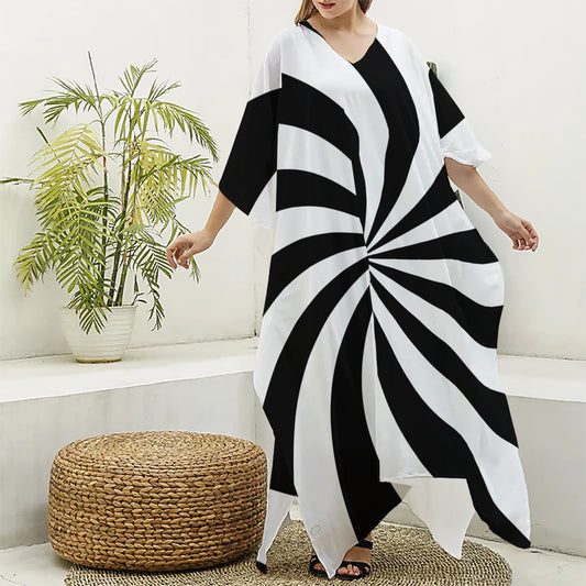 Black And White Swirl Print Silk V-Neck Kaftan Dress