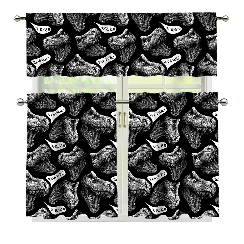Black And White T-Rex Dinosaur Print 3 Piece Kitchen Curtains