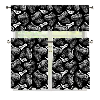 Black And White T-Rex Dinosaur Print 3 Piece Kitchen Curtains