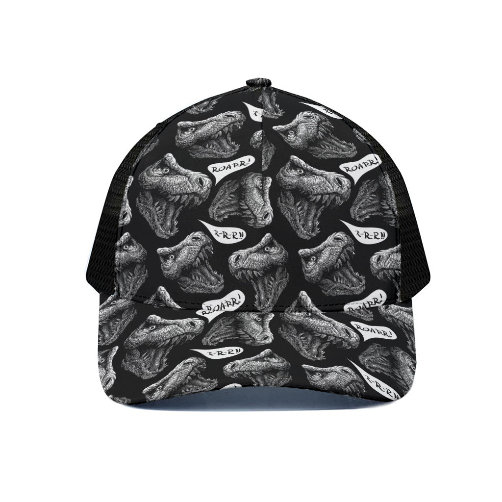 Black And White T-Rex Dinosaur Print Black Mesh Trucker Cap