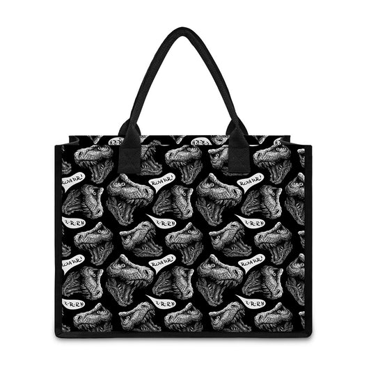 Black And White T-Rex Dinosaur Print Canvas Tote Bag