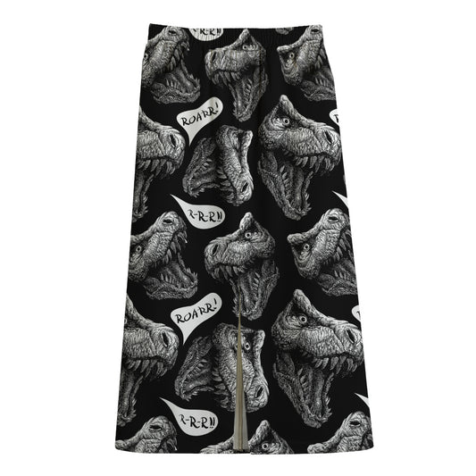 Black And White T-Rex Dinosaur Print Cotton Front Slit Maxi Skirt