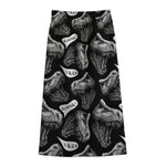 Black And White T-Rex Dinosaur Print Cotton Front Slit Maxi Skirt