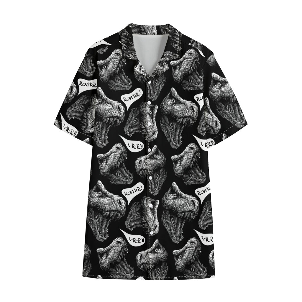 Black And White T-Rex Dinosaur Print Cotton Hawaiian Shirt