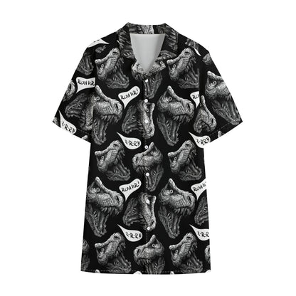 Black And White T-Rex Dinosaur Print Cotton Hawaiian Shirt