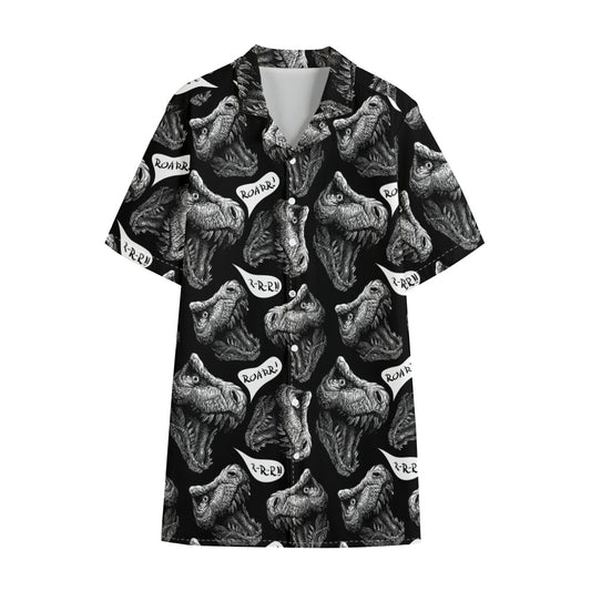 Black And White T-Rex Dinosaur Print Cotton Hawaiian Shirt
