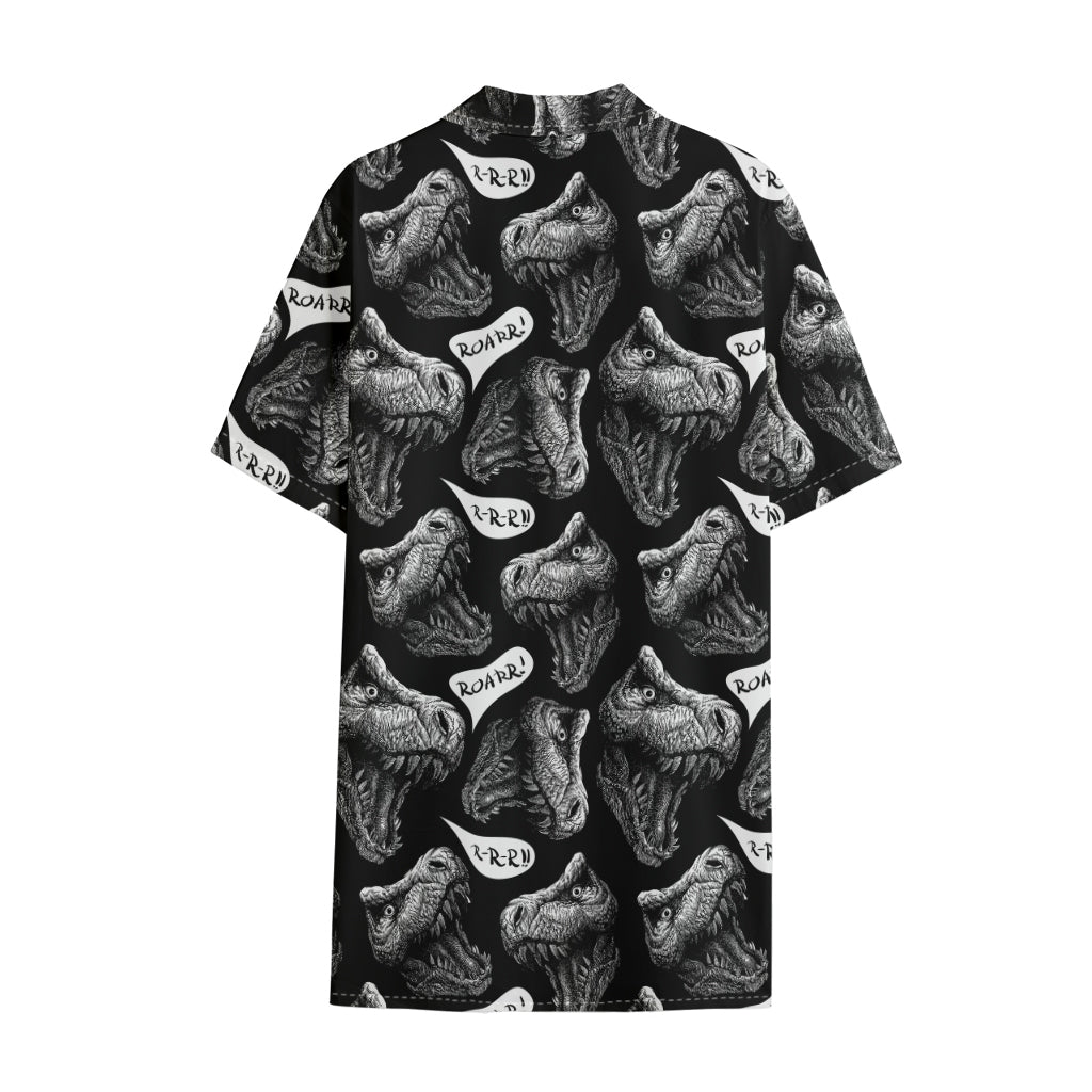 Black And White T-Rex Dinosaur Print Cotton Hawaiian Shirt