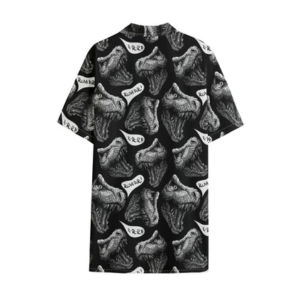 Black And White T-Rex Dinosaur Print Cotton Hawaiian Shirt