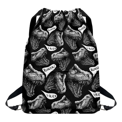 Black And White T-Rex Dinosaur Print Drawstring Backpack