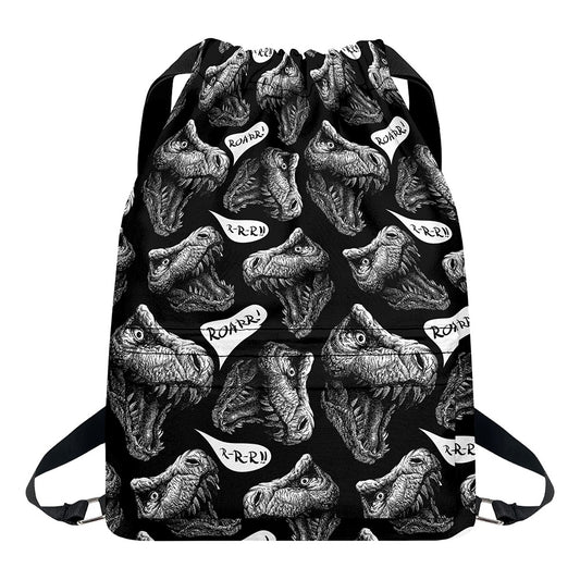 Black And White T-Rex Dinosaur Print Drawstring Backpack