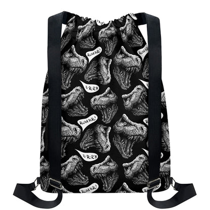 Black And White T-Rex Dinosaur Print Drawstring Backpack