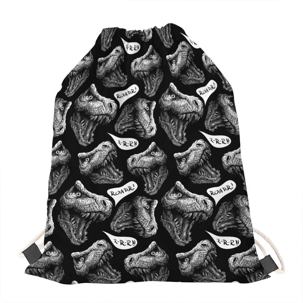 Black And White T-Rex Dinosaur Print Drawstring Bag