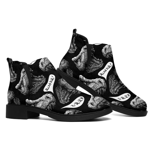 Black And White T-Rex Dinosaur Print Flat Ankle Boots