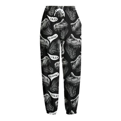 Black And White T-Rex Dinosaur Print Fleece Lined Knit Pants
