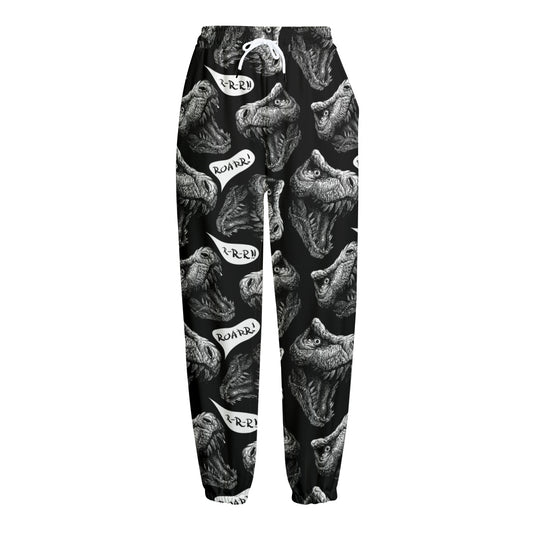 Black And White T-Rex Dinosaur Print Fleece Lined Knit Pants