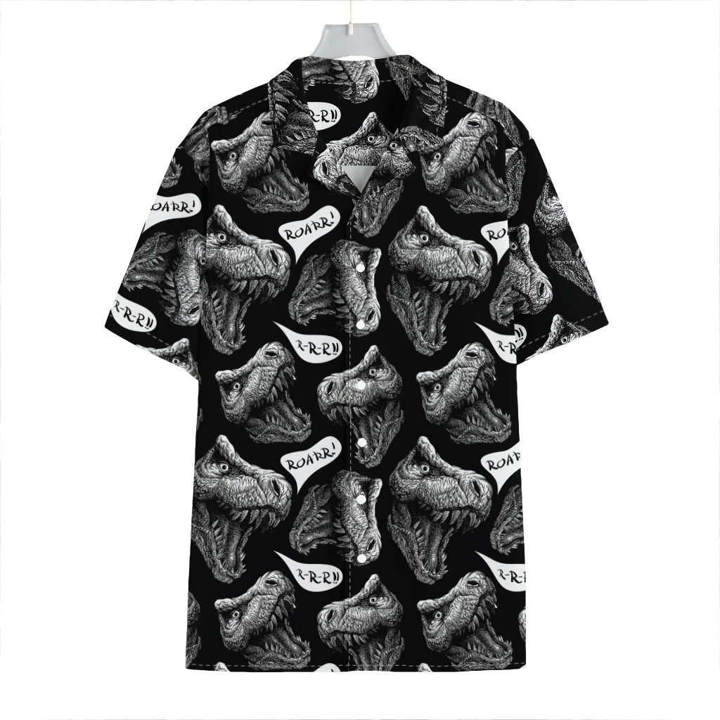 Black And White T-Rex Dinosaur Print Hawaiian Shirt