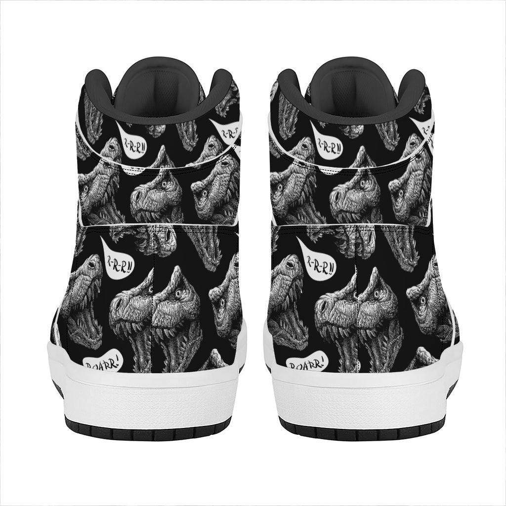 Black And White T-Rex Dinosaur Print High Top Leather Sneakers