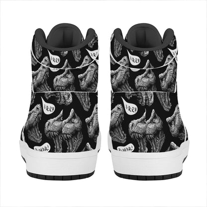 Black And White T-Rex Dinosaur Print High Top Leather Sneakers