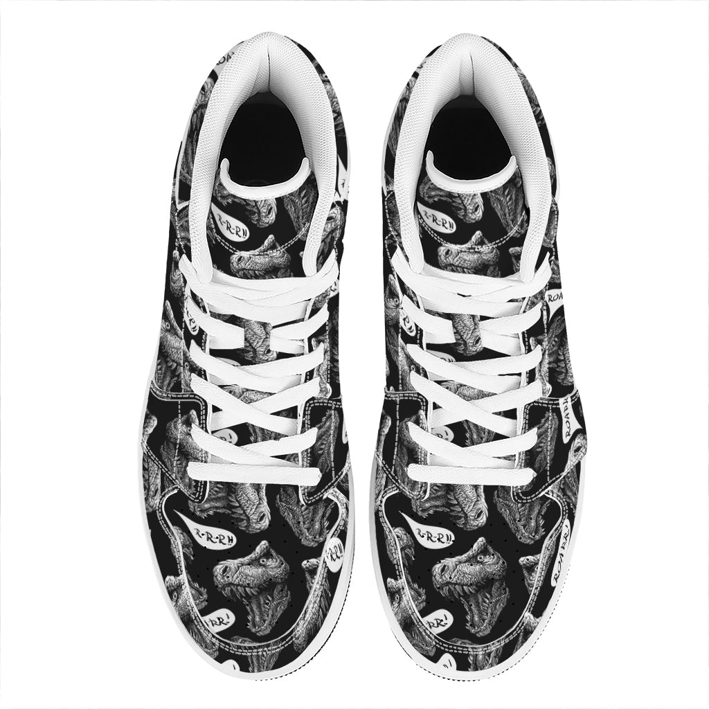 Black And White T-Rex Dinosaur Print High Top Leather Sneakers