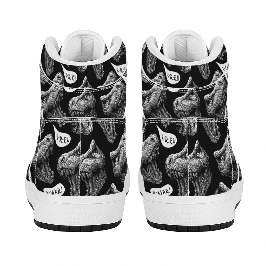 Black And White T-Rex Dinosaur Print High Top Leather Sneakers