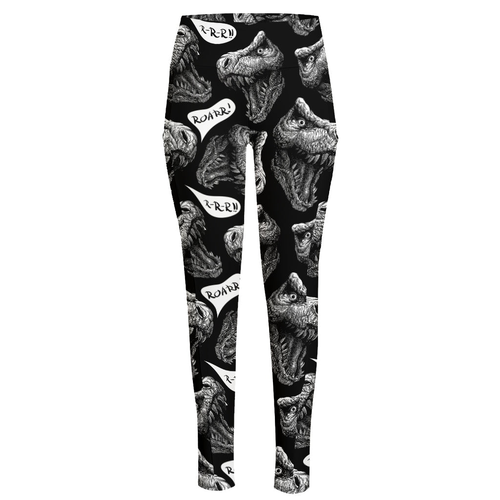 Black And White T-Rex Dinosaur Print High-Waisted Pocket Leggings