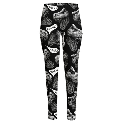 Black And White T-Rex Dinosaur Print High-Waisted Pocket Leggings