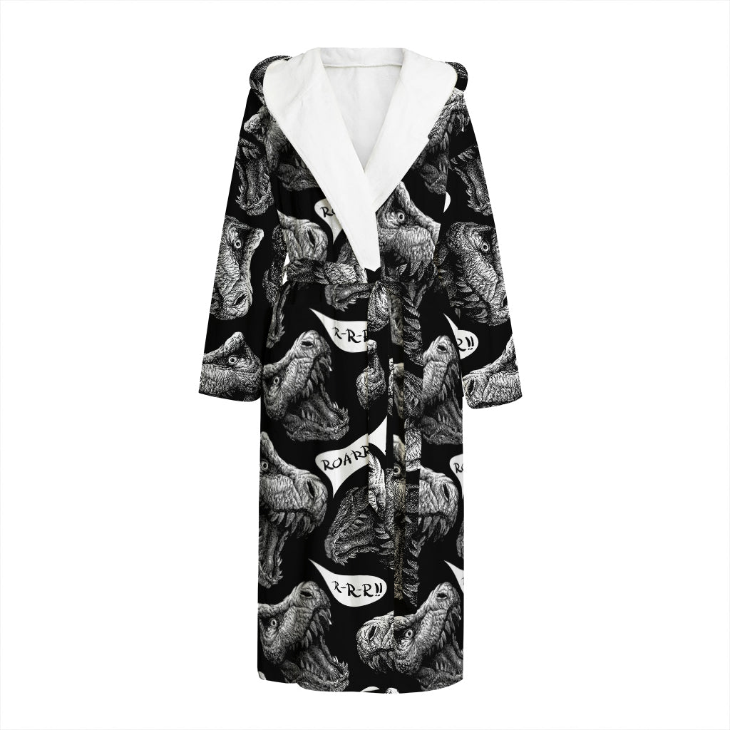 Black And White T-Rex Dinosaur Print Hooded Bathrobe