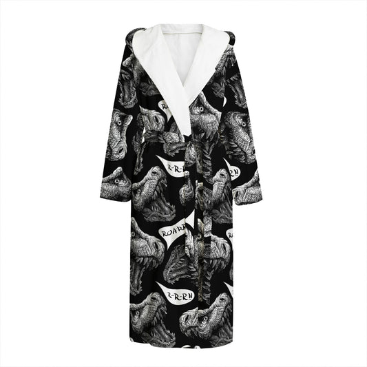 Black And White T-Rex Dinosaur Print Hooded Bathrobe