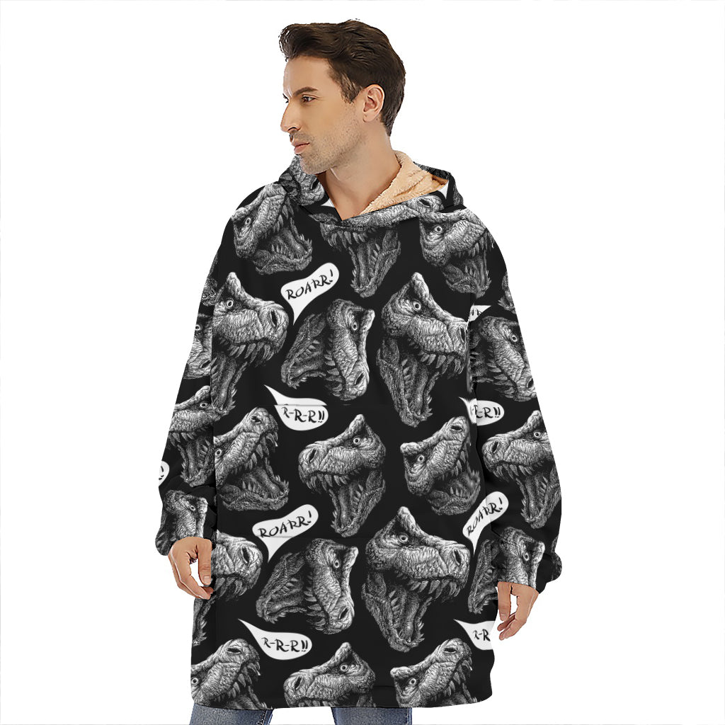 Black And White T-Rex Dinosaur Print Hoodie Blanket