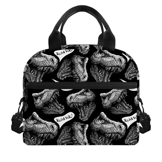 Black And White T-Rex Dinosaur Print Insulated Lunch Bag
