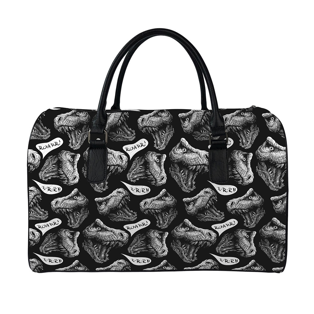 Black And White T-Rex Dinosaur Print Leather Duffle Bag