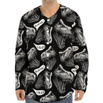 Black And White T-Rex Dinosaur Print Long Sleeve Baseball Jersey
