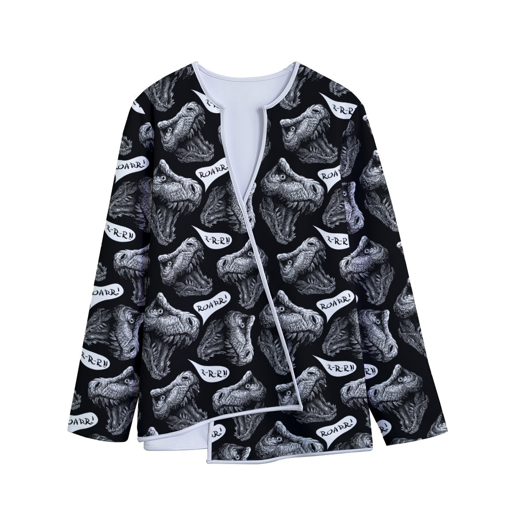 Black And White T-Rex Dinosaur Print Long Sleeve Short Coat