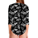 Black And White T-Rex Dinosaur Print Long Sleeve Swimsuit