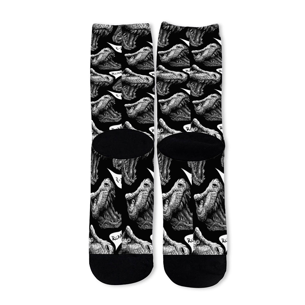Black And White T-Rex Dinosaur Print Long Socks