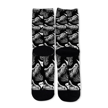 Black And White T-Rex Dinosaur Print Long Socks