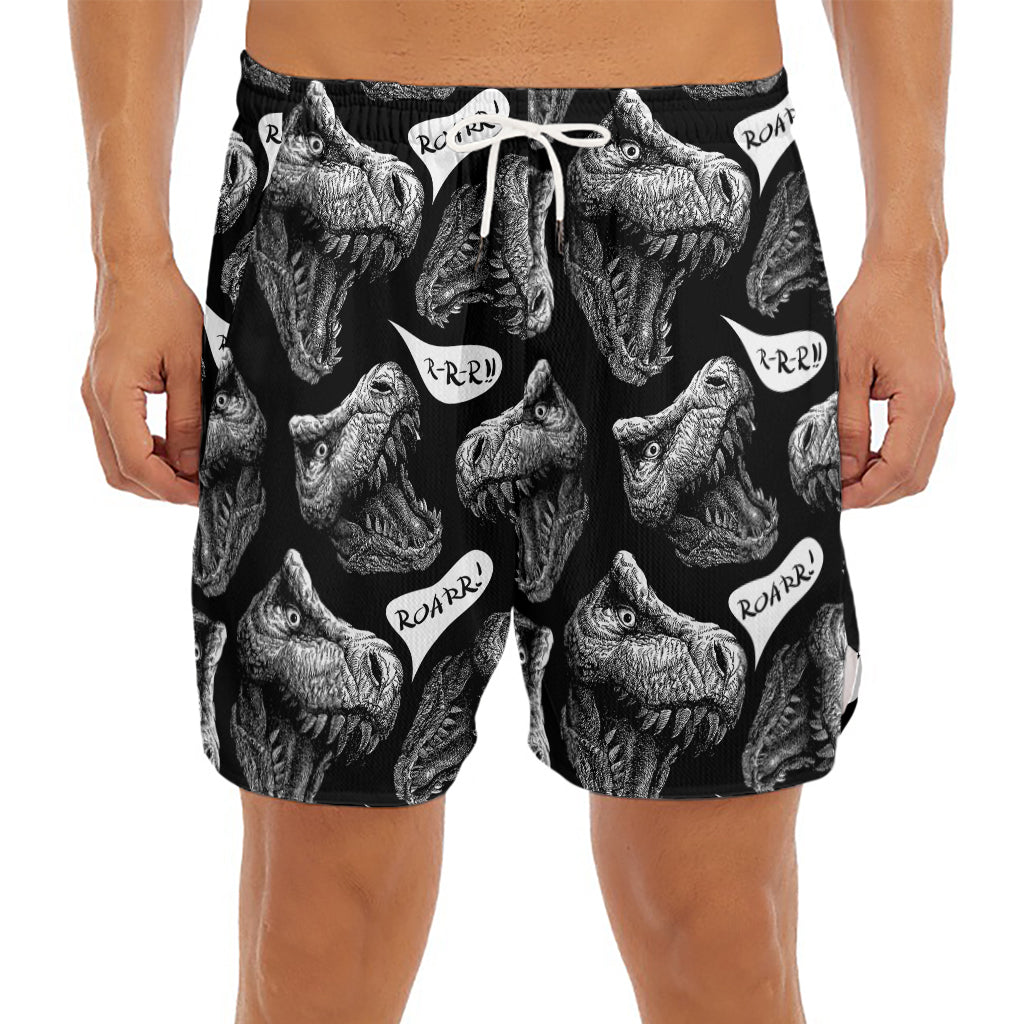 Black And White T-Rex Dinosaur Print Men's Split Running Shorts