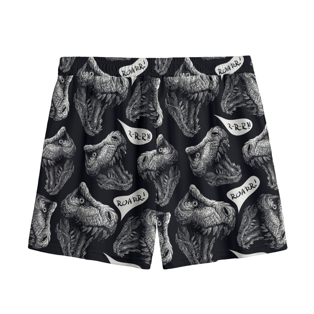 Black And White T-Rex Dinosaur Print Mesh Shorts