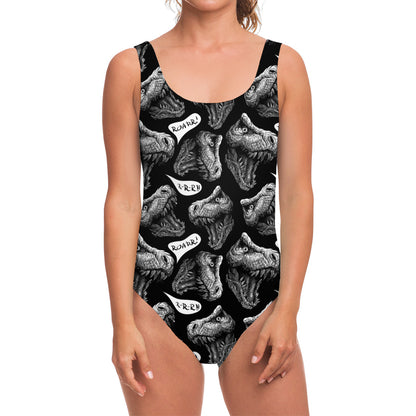 Black And White T-Rex Dinosaur Print One Piece Swimsuit