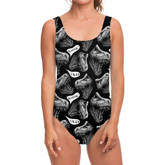 Black And White T-Rex Dinosaur Print One Piece Swimsuit