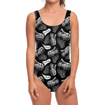 Black And White T-Rex Dinosaur Print One Piece Swimsuit