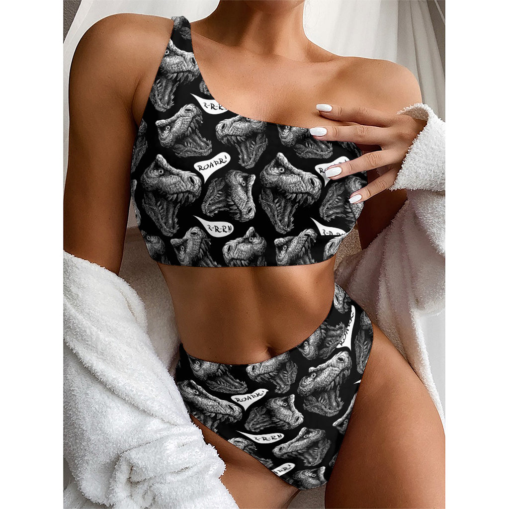 Black And White T-Rex Dinosaur Print One Shoulder Bikini Top