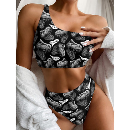 Black And White T-Rex Dinosaur Print One Shoulder Bikini Top