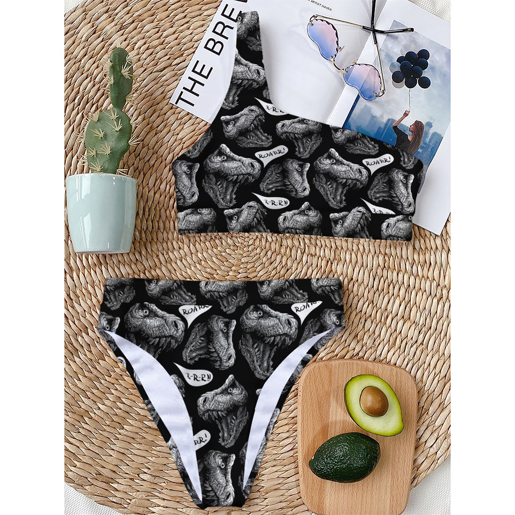Black And White T-Rex Dinosaur Print One Shoulder Bikini Top