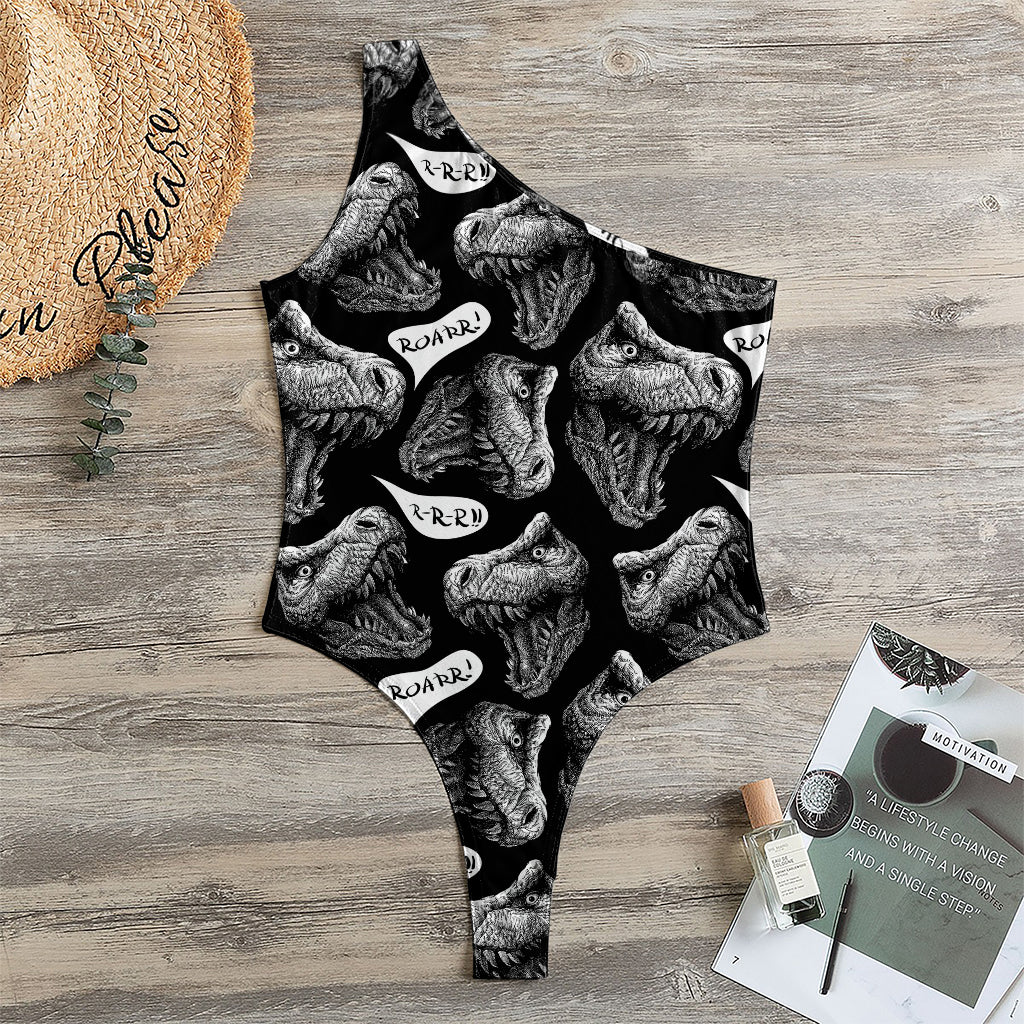 Black And White T-Rex Dinosaur Print One Shoulder Bodysuit